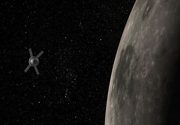 A computer-generated image depicting the Orion spacecraft as its flies past the Moon several days after the launch of Exploration Mission 1...on December 17, 2017.