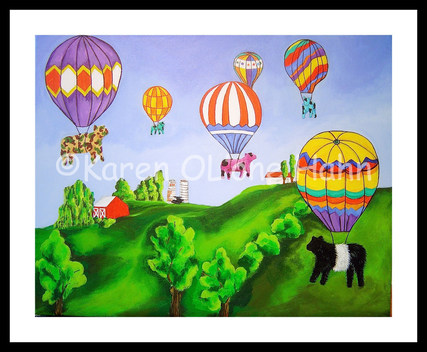Cow Art Hot Air Balloons Farm Friends Folk Art Childrens Art Nursery  Print Matted 11x14 - RisingStarArt