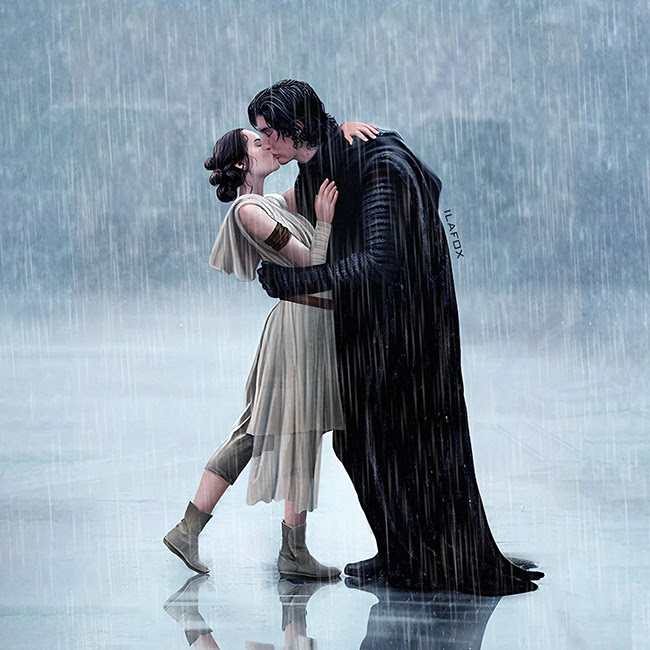reylo, kylo ren and rey kissing in the rain, ben solo and rey kissing, star wars, fanart, ila fox