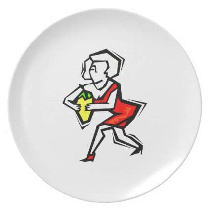 Pepper in hand of woman in red dress plate