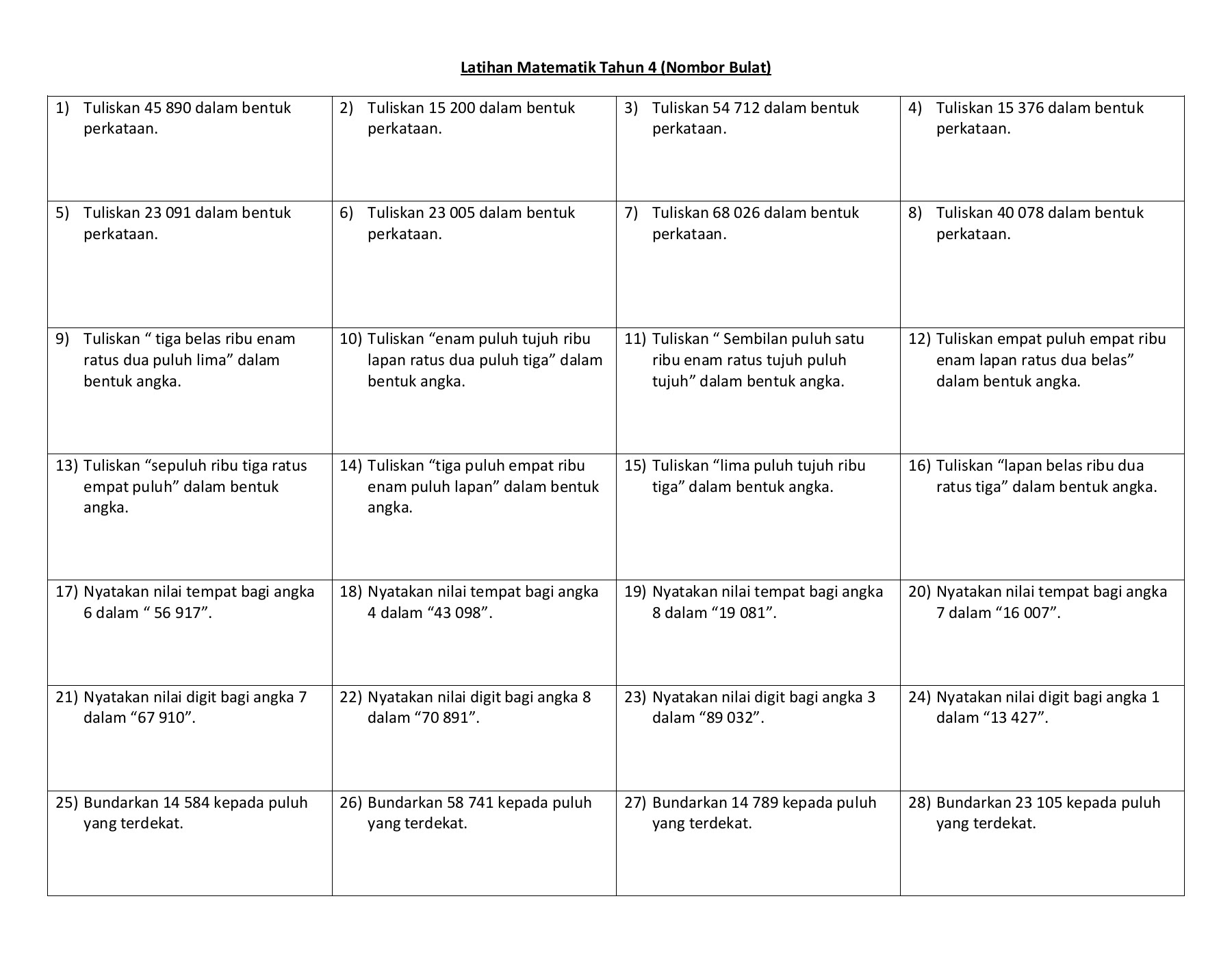 Latih Tubi Soalan Latihan Matematik Tahun 4