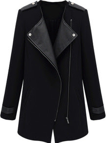 Black Contrast PU Leather Trims Oblique Zipper Coat