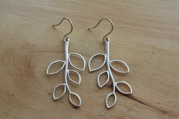 Long Branch Earrings on Sterling Silver Ear Wires, Silhouette, Dangle Leaf, Metal Leaves, Matching Necklaces
