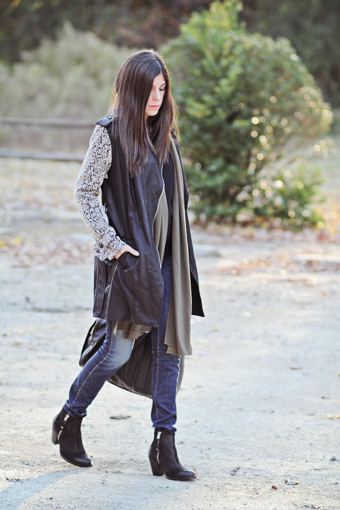 Topshop ambush ankle boots, J Brand skinny jeans, Snakeskin print trenchcoat, Alexander Wang Rocco duffel, Fashion outfit