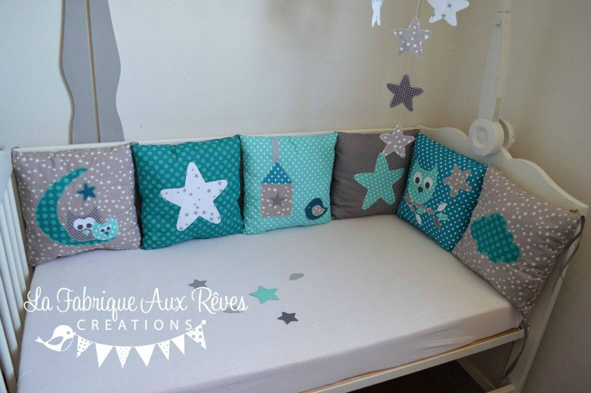 Linge Lit Tour Lit Complet Coussin Et Decoration Chambre Bebe Etoiles Et Hibou Turquoise Petrole Gris Blanc Gigoteuse Et Tour De Lit Bebe Decoration Chambre Enfant Liste De Naissance