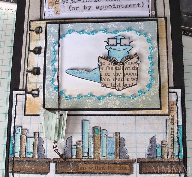 MFT Paper pieced book worm & beaded cosmo cricket frame