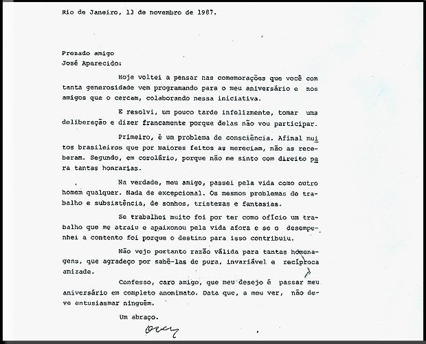 Carta escrita por Niemeyer ao amigo José Aparecido, ex-ministro da Cultura, em que diz que não participaria de festa de seus 80 anos de vida (Foto: TV Globo/Reprodução)