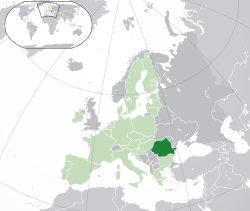 Location of Romania (dark green):   on the European continent (incl. the EU)  in the European Union