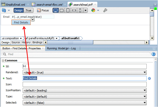 searchEmail.jsff open in design Editor with ExecuteWithParams button selected. PI shows properties with Text property set to Find Details.