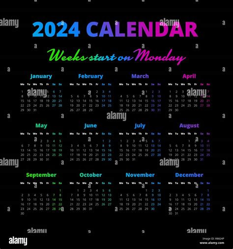  simple 2024 year calendar on the black background stock vector image