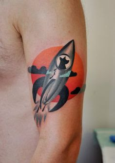 This pup is taking a rocket-ship to the moon! Tattoo by Marcin Aleksander Surowiec #InkedMagazine #Inked #Ink #tattoo rocket #rocketship #dog #tattoos #IdLikeToTakeARocketShipToTheMoon #BlastOff