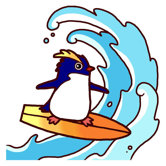 ペンギンのサーフィン カラー 海の生き物の無料イラスト 夏の季節素材