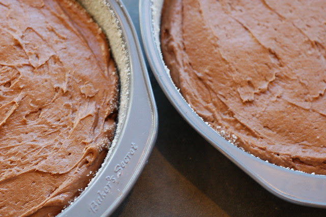 Two pans of cake batter for chocolate sour cream layer cake by Eve Fox, Garden of Eating blog, copyright 2012
