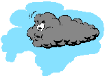 Angry animated cartoon thunder storm cloud launching lightning bolts and rain