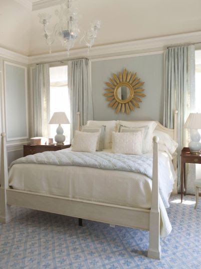 Jill Austin:  Love this bedroom!  The bed, mirror, lamps.....everything!   blue walls, gold sunburst ...
