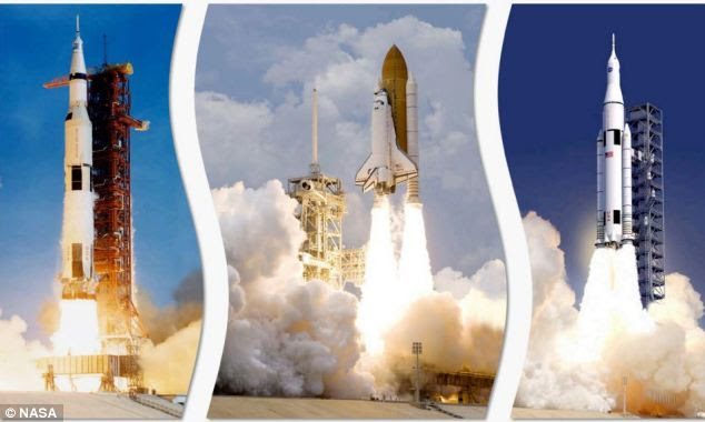 Nasa's previous rockets, the Saturn, Shuttle and right, the smaller configuration of the new SLS