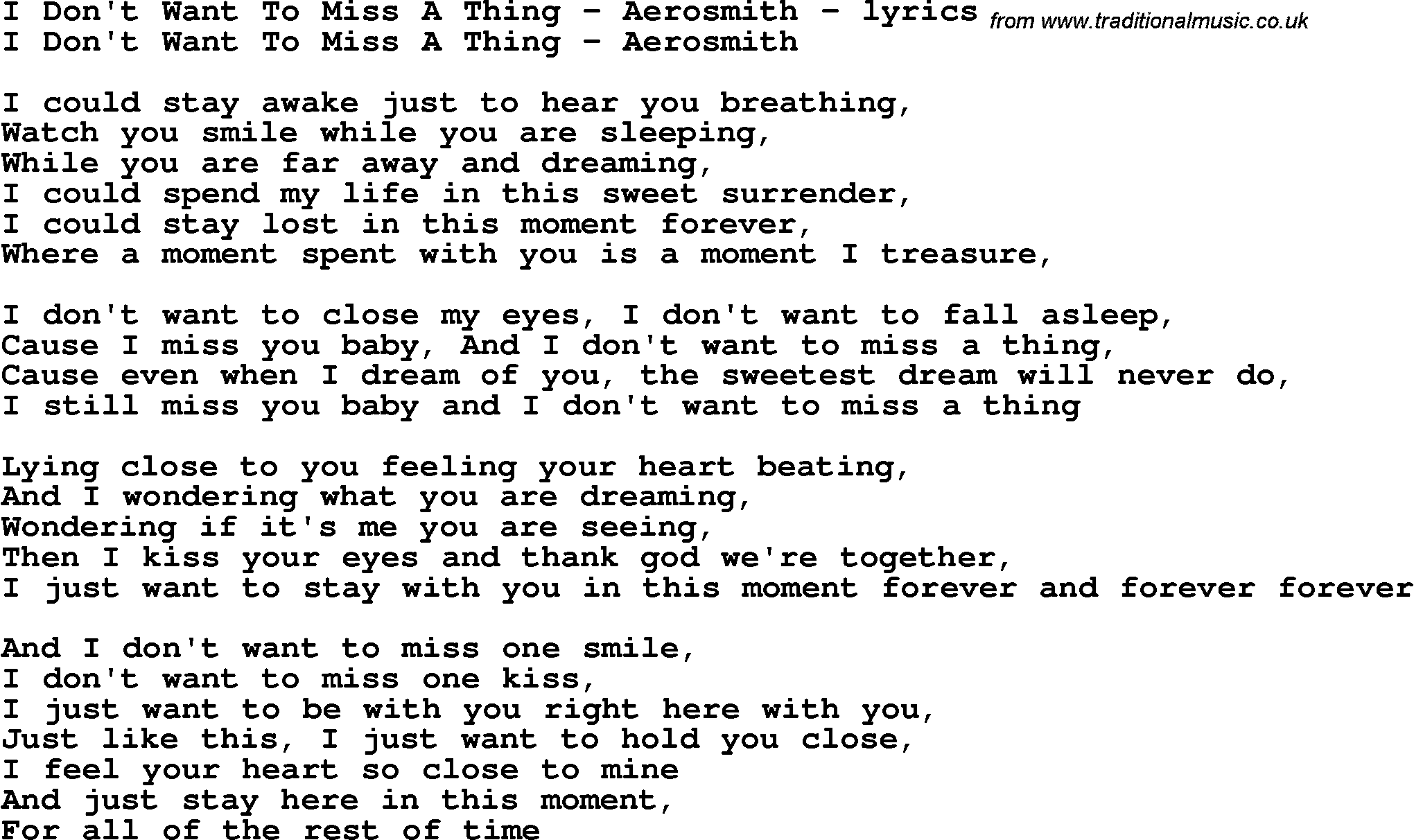 Love Song Lyrics For I Don T Want To Miss A Thing Aerosmith
