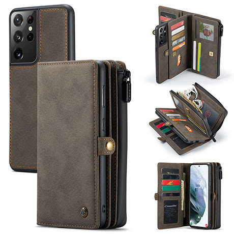 Caseme Samsung Galaxy S21 Ultra Detachable 2 In 1 Multi Functional Vintage Leather Zipper Wallet Case Brown