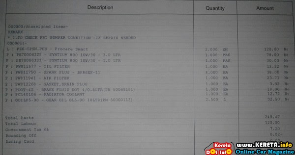 CAR MAJOR SERVICE CHARGE – KOS SERVIS KERETA