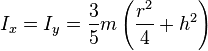 I_x = I_y = \frac{3}{5}m\left(\frac{r^2}{4}+h^2\right) \,\!