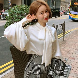 Shiga Ribbon Puff-Sleeve Blouse Milky White - One Size Ribbon Puff-Sleeve Blouse Milky White - One Size