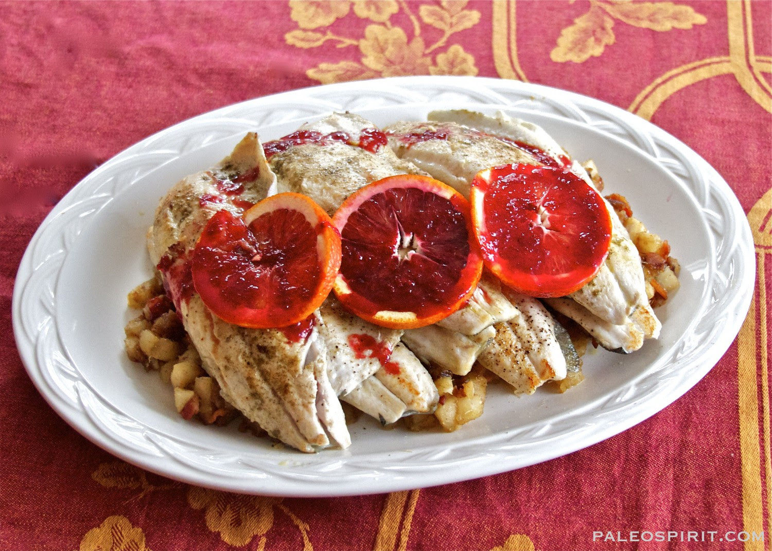 Trout with Blood Orange Sauce and Cassava Bacon Hash