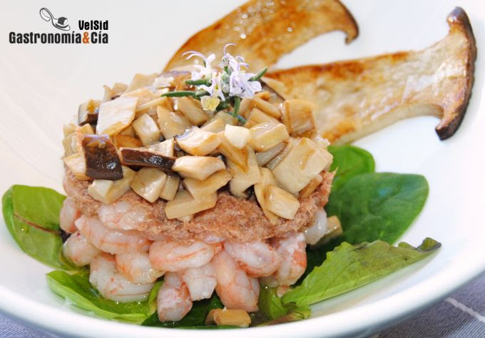 Receta de gambas, setas y rillettes de oca