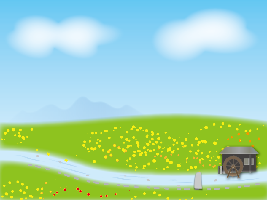 フリーイラスト 青空と花の咲く丘と水車小屋のある風景でアハ体験