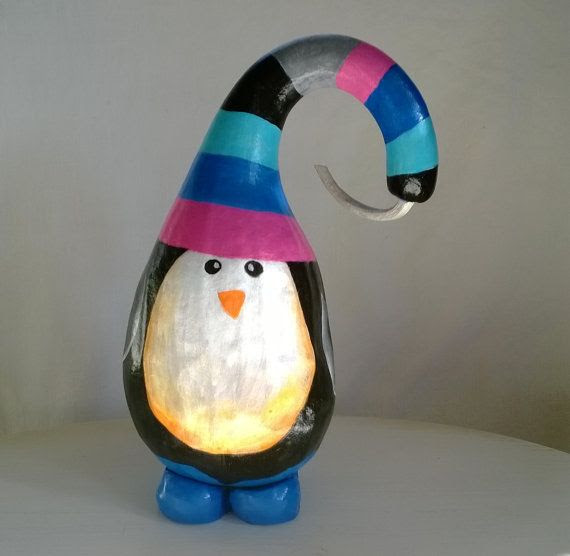 Christmas Penguin Gourd Handpainted Holiday Decoration and 