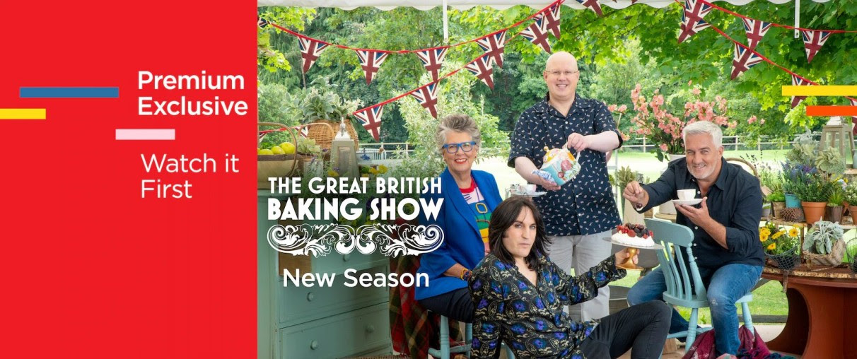 Image the Great British Baking Show cast holding teapots and cake