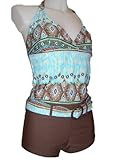 Womens MW Two Piece Tankini Boyshorts Swimsuit, Brown and Turquoise Ethnic Print