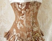 Parisienne frill underbust corset-caramel brown and gold tapestry steel boned burlesque corset, to fit 28-29 inch waist