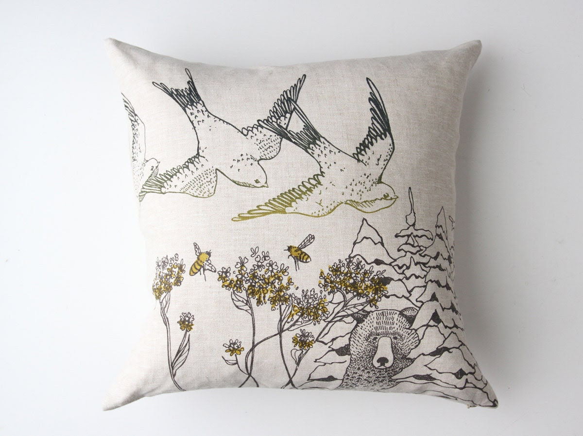 Linen Pillow Cover - Birds & Bees - jennarosehandmade