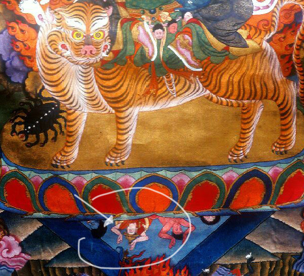 Hayagriva, Blue, Riding a Tiger (Tibetan: tam drin ngon po, tag shon. English: the Blue Horse-necked One Riding a Tiger)