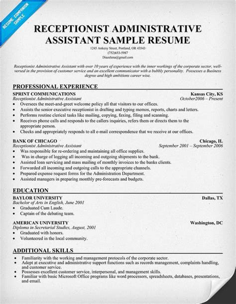 sample resume receptionist administrative assistant