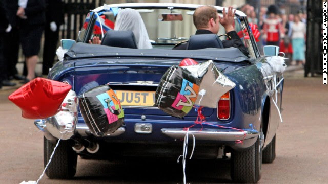 After their wedding on April 29, 2011, the duke and duchess drive from Buckingham Palace to Clarence House in a vintage Aston Martin.