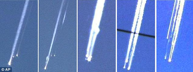 In these images made from video, combined from left to right in chronological order, trails from the debris of the space shuttle are seen in the sky over Texas on February 1, 2003