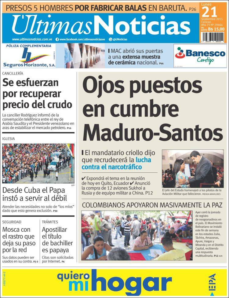 Portada de Últimas Noticias (Venezuela)