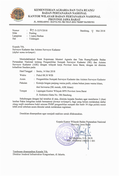 Undangan Pelantikan Surveyor Kadaster Berlisensi Kanwil ...