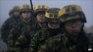 South Korean marines on Yeonpyeong island, South Korea, 19 December.