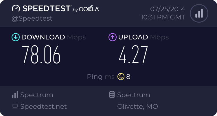 Ping: 8ms, DL: 78.06Mbps, UL: 4.27Mbps