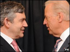 Prime Minister Gordon Brown meets US Vice-President Joe Biden (R) in Chile on Saturday 28 March 2009