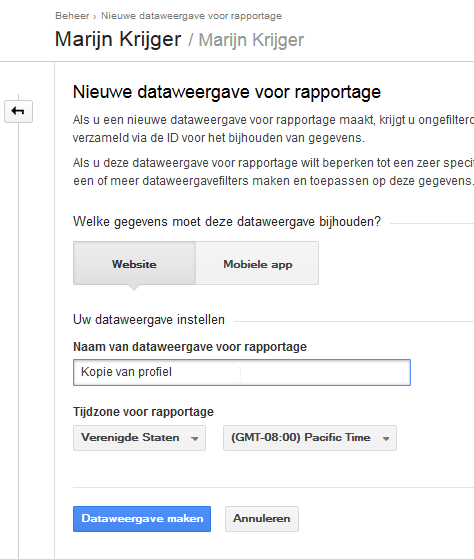 5 Google Analytics tweede weergave maken geef het profiel een naam