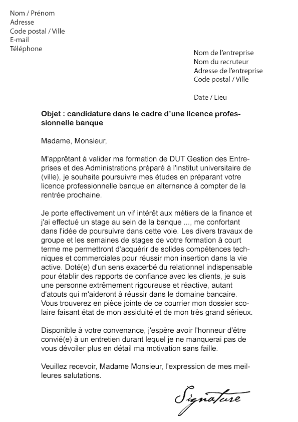 Lettre de motivation Licence Pro Banque - Modèle de Lettre