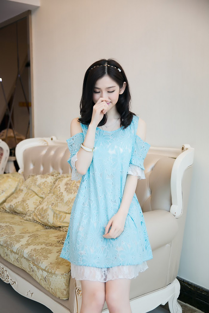  ชุดเดรส ผ้าลูกไม้ สีฟ้า ญี่ปุ่น มือสอง 1025