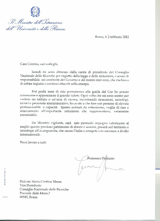 Lettera del Ministro Profumo | blog.imm.cnr.it