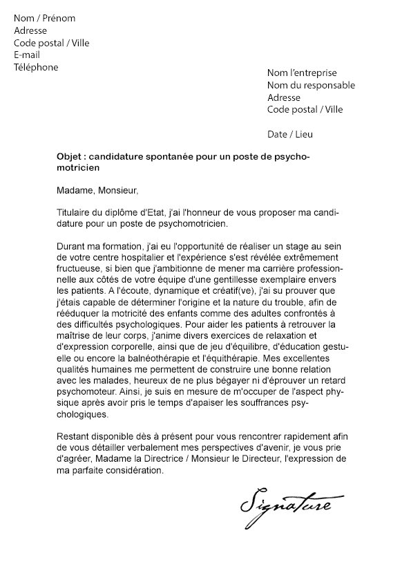 Lettre de motivation Psychomotricien - Modèle de Lettre