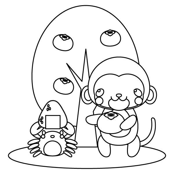 塗り絵に最適な白黒でかわいい猿蟹合戦の無料イラスト 商用フリー オイデ43