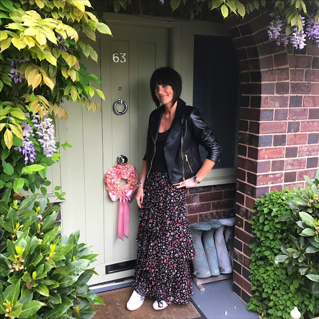 my midlife fashion, baukjen everyday biker jacket, and other stories cupro tank top, marks and spencer disty print frilled a line maxi skirt, golden goose superstar low top leather trainers