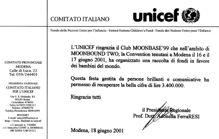 La Beneficenza fatta dal club Moonbase '99